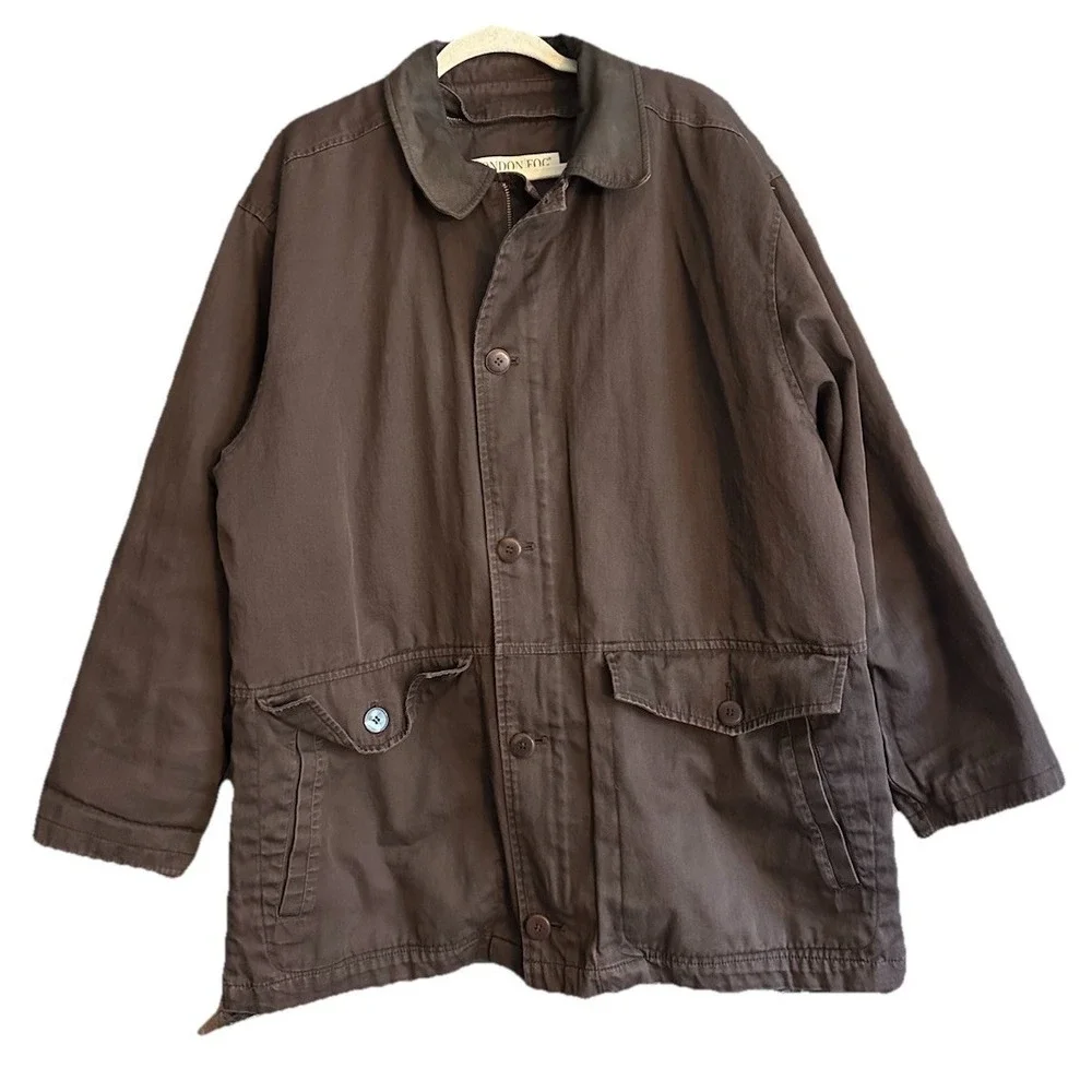 London Fog Men's Brown Barn Chore Coat Jacket Zip Out Quilted Plaid Lining Sz XL